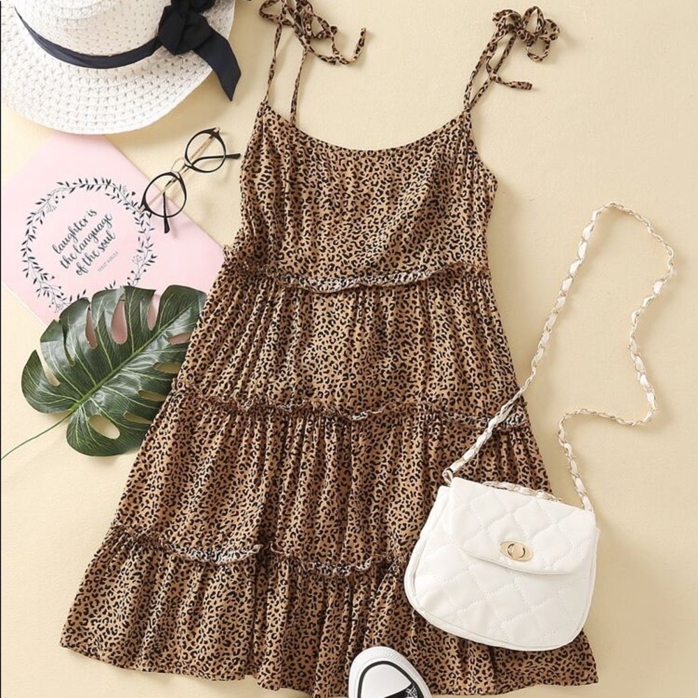 NWT Women’s Romwe Tie Strap, Tiered Leopard Dress - Size Small